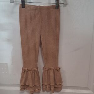 Girls Ribbed Ruffle Hem Knit Pants - Tan